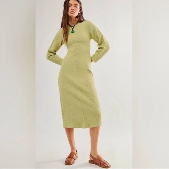 NWT Free People Yellow Gabby Seamless Midi DressIn Dried Aloe-GG14 - Picture 3 of 5